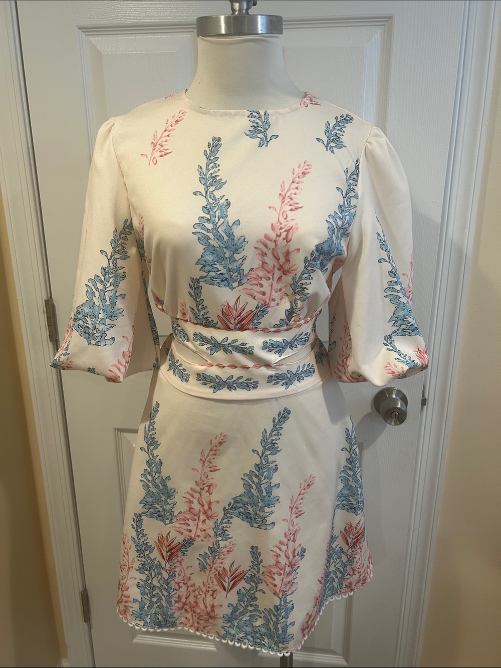 Floral Puff-Sleeve Mini Dress in Cream with Blue & Pink Print